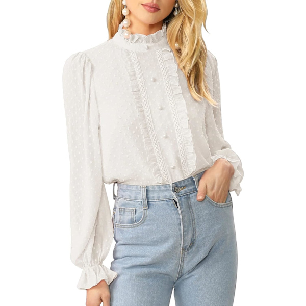 dusa Dam Elegant volang trim långärmad knappad fram Jacquard blus vit liten