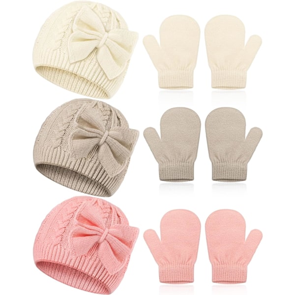 3 Set Barn Bebis Småbarn Vinter Mössor och Vantar Set Klassisk Varm Stickad Mössa Handskar Båge för Pojkar och Flickor 0-6Y