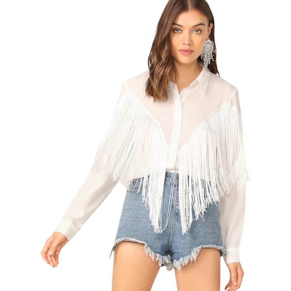 dusa Dam långärmad fransad blus med knappar, vit, 3X-Large