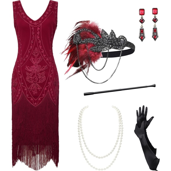 EYOND 1920-tals Flapper Dress Roaring 20-tal Great Gatsby Costume Dress Fringed Embellished Dress Set - Wine Red Small