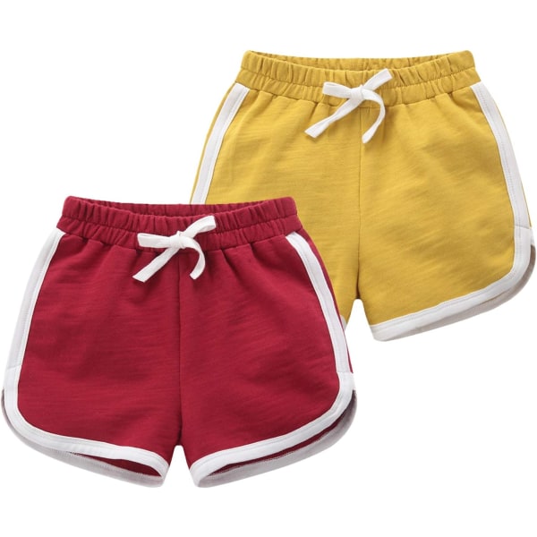 Xiang 2-pack stickade sportsshorts för pojkar och flickor, mjuka shorts med dragsko för småbarn och bebisar, gula och röda, 2T