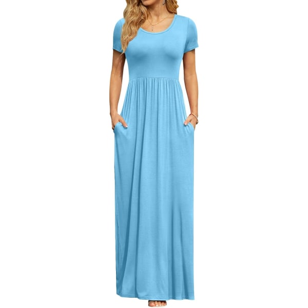 MOON kortärmade maxiklänningar för kvinnor Casual Empire Midja lång klänning med fickor Ljusblå liten