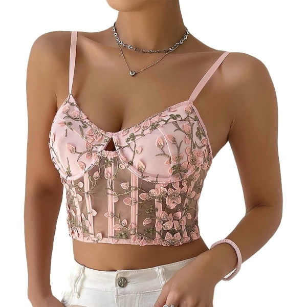 oe Chic Blommig Broderad Korsett Topp Rosa Genomskinlig Push Up Korsett BH​ Nattklubb Rave Rhinestone Toppar Smycken för Kvinnor  Liten