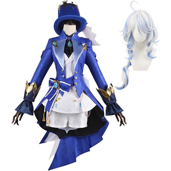 Cosplay Genshin Impact Kostym Komplett Anime RPG Kostym Set med Peruk för Cosplay - Halloween Outfit För Unisex Vuxna Focalors Small