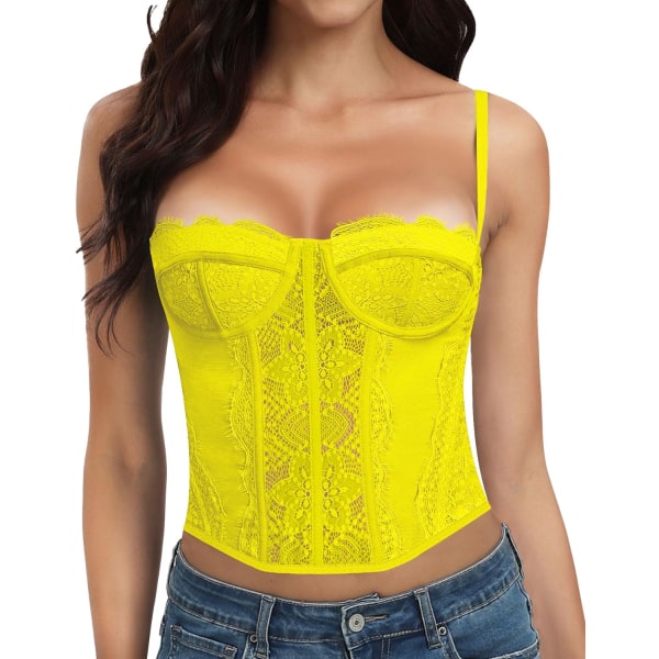 LLEY Fashion Lace Bustier Korsett Crop Tops för kvinnor med spänne - Sexig utgångstopp Gul Medium