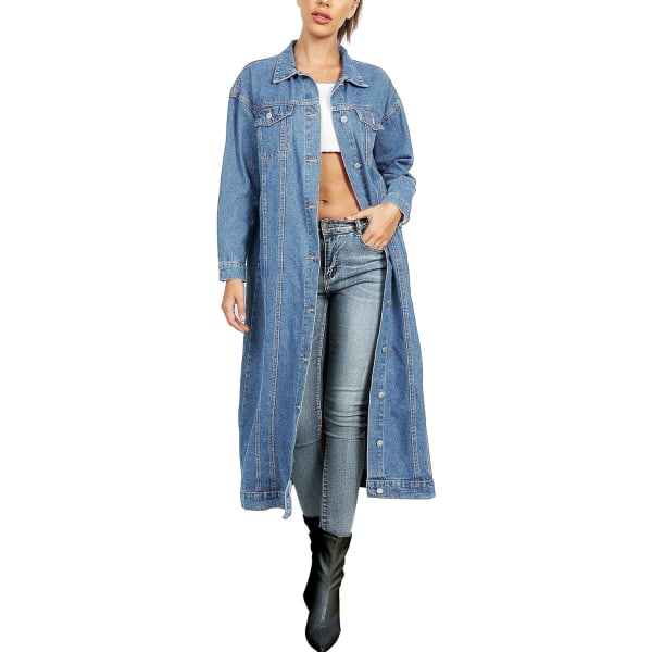 emuho, klassisk lång jeansjacka för damer i plusstorlek, lös långärmad jeansjacka med knappar och trenchcoat Ljusblå1 XX-Large