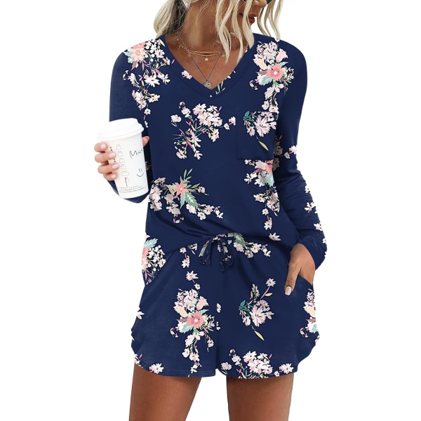 MOON Damkläder Långärmad Lounge Set 2 Delar Söt Kort Pyjamas Set Med Ficka Sovkläder Rosa Blommig Nav Large