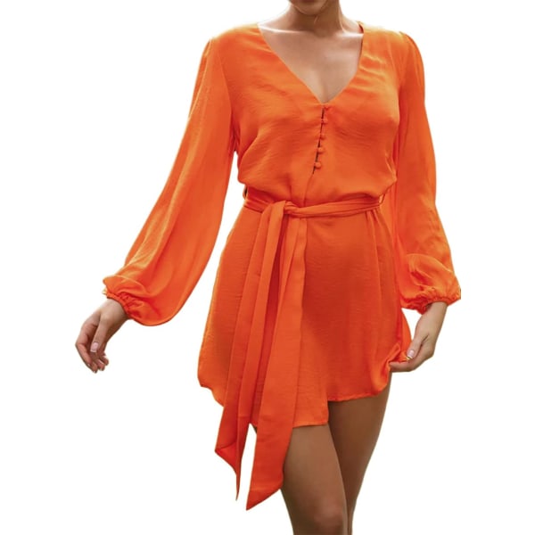 ivimos Skjortklänningar för kvinnor Ballong Långärmad Djup V-ringad Casual Button Up Oregelbunden fåll Miniklänning med skärp Orange X-Large