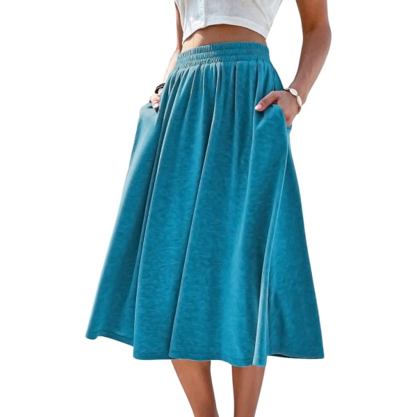dusa kvinnors elastisk midja ficka Side A Line Midi Swing utsvängd kjol Blå Liten