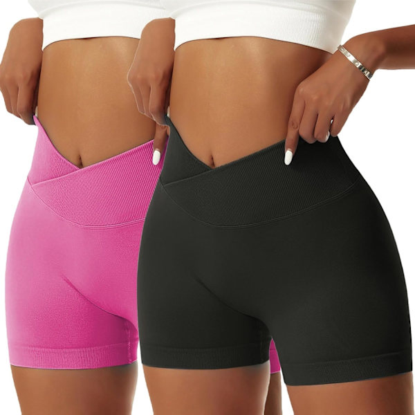 ie Dam Gym Shorts V Cross Elastisk Push Up Yoga Shorts Booty Scrunch Hög Midja Atletiska Leggings 2 st Svart/Rosa Medium