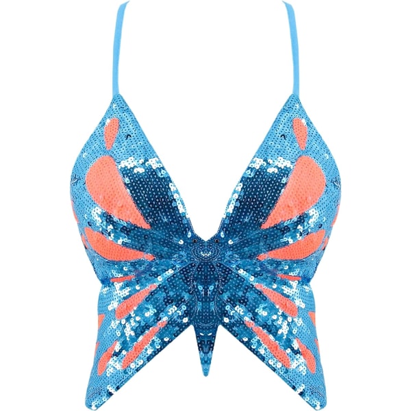 ia's Choice Damkvinnor Flickor Paljett Off Shoulder Tubtopp Blus Stretchy Bröst Wrap Fest Crop Top Väst A-fjäril Blu En Storlek