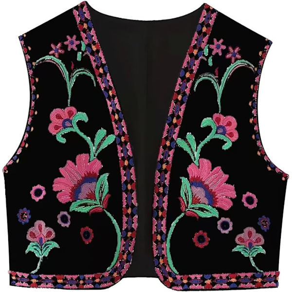 ivimos Dam bomullsbeskuren väst vår sommar ärmlös blomsterbroderi öppen framsida vintage kofta svart-rosa X-Small