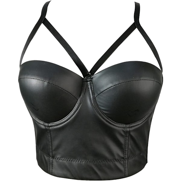 nyi Dam Straps PU Läder Bustier Crop Top Push Up Korsett Topp BH för Club Party Racer Sport Svart Medium