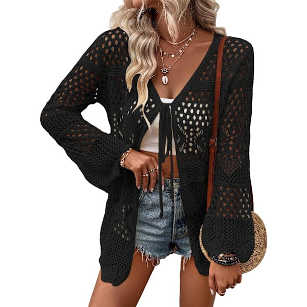dusa Dam Tie Front Långärmad Ihålig Sheer Kimono Cardigan Cover Up Svart Liten