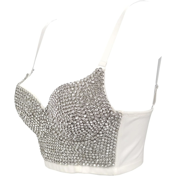 hutiff Korsett Rhinestone Dam Bustier Fashion Nattklubb Fest Crop Top med Inbyggd BH Vit En Medium