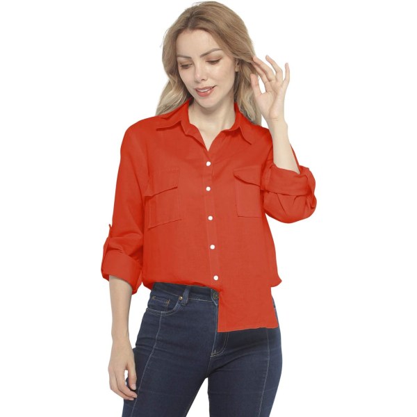 ch Långärmade skjortor i linne med knappar för kvinnor med fickor #2046 Orange Large