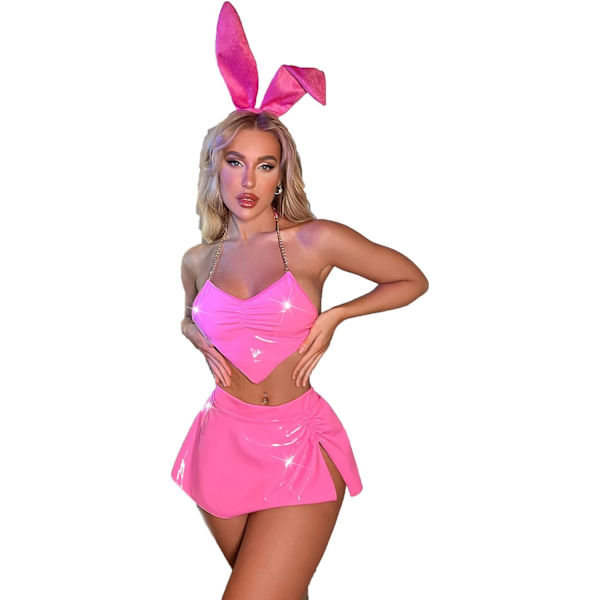 FUN Kvinnor Sexig Halloween Cosplay Lingerie Set 3 st Kanin Sjuksköterska Kostym Babydoll Set Outfit Halter Bh Minikjol G-Strin Kanin-rosa Stor