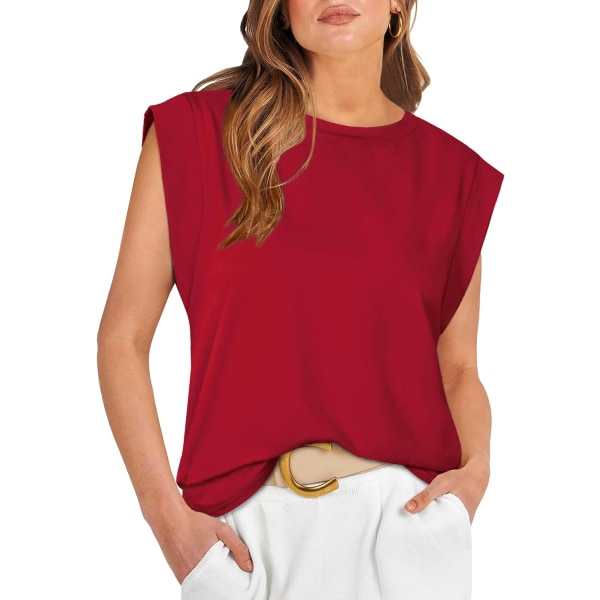 EFAN Cap Sleeve Toppar för Dam Sommarskjortor Casual Linnen Basic Tee Shirts Loose Fit 2024 Trendig C-röd X-Small