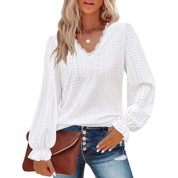 yula Dam V-hals Puff Långärmad Toppar Ögla Spets Trim Blus Business Casual Arbetsskjortor S-XL