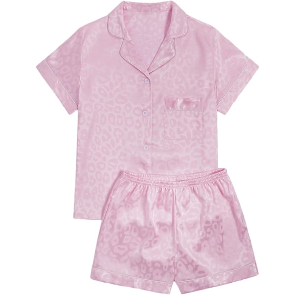 dusa Dam 2-delad satin nattkläder knapp fram nattkläder kortärmad pyjamas set leopard ljus P X-Large
