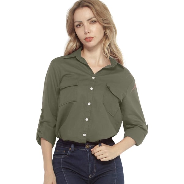 ch Långärmade skjortor i linne med knappar för kvinnor med fickor #2046 R-grön X-Large