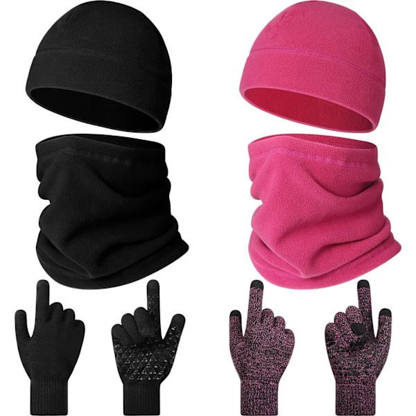 2 set 6 stycken vinter fleece klocka mössa mössa hals gaiter pekskärm stickade handskar set skalle mössa handskar halsvärmare
