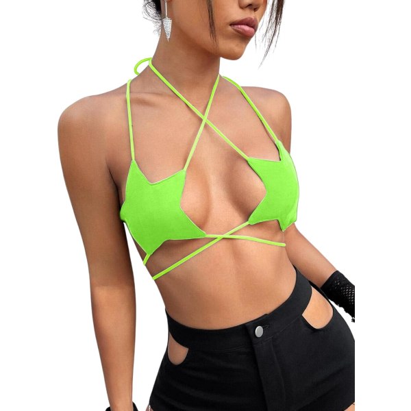 e Star Top för kvinnor - Sexig Halter Party Dance Bra Rygglös Strappy Crisscross Wrap Tie Musikfestival Outfit Neon Grön Stor