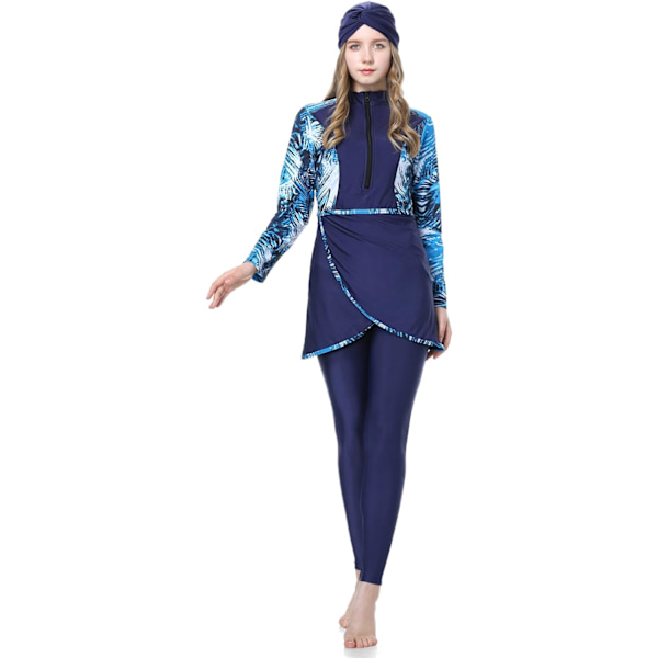 lim Badkläder för kvinnor Modest Swimsuit Burkini Topp Byxor Hijab 3 Delar Full Cover Blommigt Tryck Baddräkt Islamisk Blå Stor
