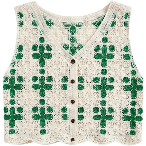 dusa Dam Button Front V-hals Ärmlös Rutig Stickad Tröja Väst Grön Medium