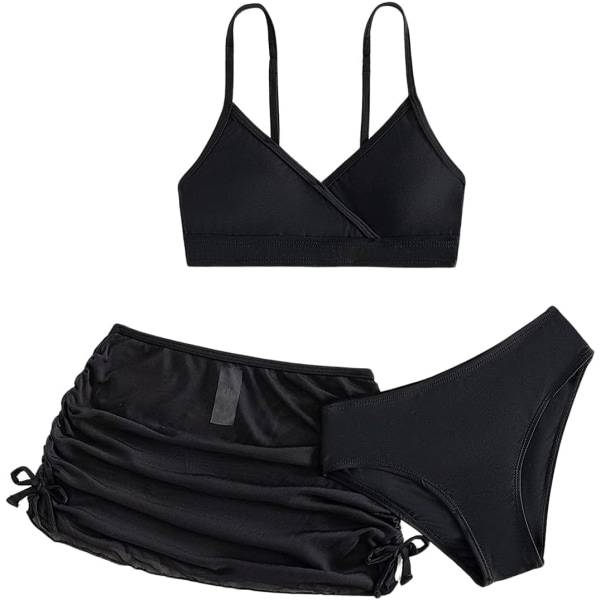 dusa Flickors 3-delad Bikini Badkläder Söt Baddräkt Badkläder Hög Midja med Cover Up Strandkjol Svart 11 År