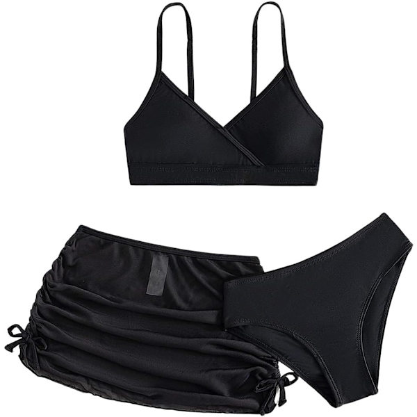 dusa Flickors 3-delad Bikini Badkläder Söta Baddräkter Badkläder Hög Midja med Cover Up Strandkjol Svart 8 År