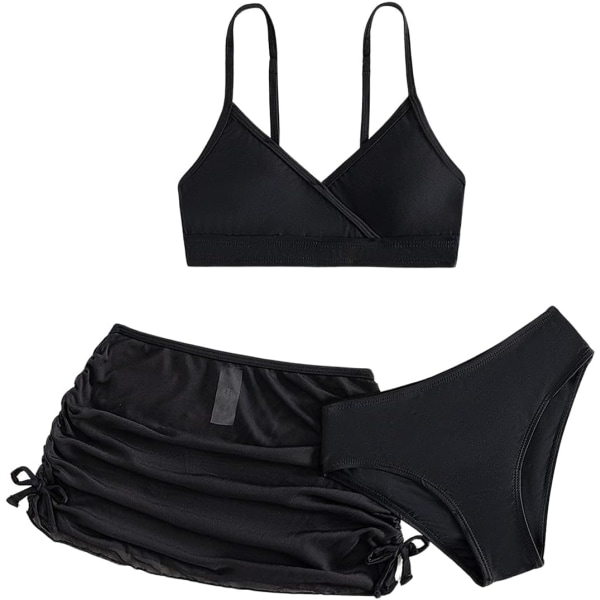 dusa Girl's 3-delad bikini badkläder Söta baddräkter Baddräkt hög midja med cover strandkjol svart 10 år