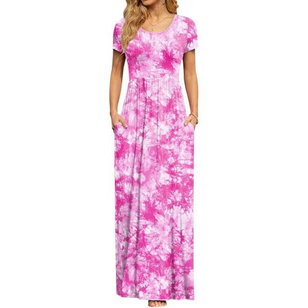 MOON kortärmade maxiklänningar för kvinnor Casual Empire Midja lång klänning med fickor Rosa Tie Dye XX-Large
