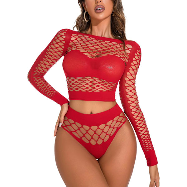 iCat Dam Mesh Lingerie Fishnet Babydoll Miniklänning Free Size Bodysuit Röd8535