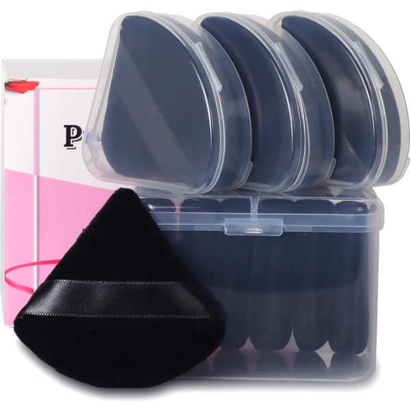 m 10st triangelpuderpuder för ansiktspulver, mjuk veloursminkinställning Powderpuff med case, svart+rosa