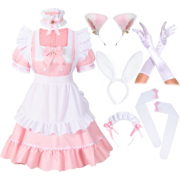 ysh Anime Franska Flickor Bunny Maid Söt Kawaii Kostym Cosplay Klänning Päls Katt Öra Handskar Strumpor Set Rosa Stor