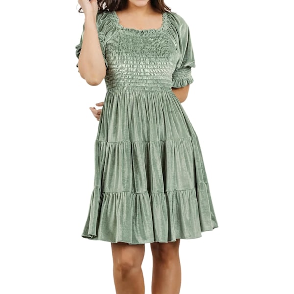 ivimos Dam Fall Vinter Sammet Casual Klänning Puff Ärm Fyrkantig Hals Elastisk Smokad A-Linje Swing Flytande Knälång Dre Sagegreen Medium