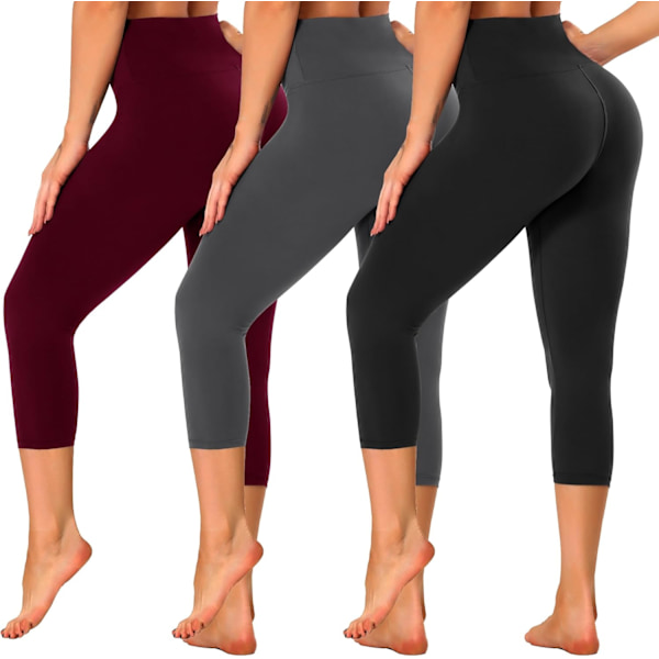 hay 3-pack högmidjade capri leggings för kvinnor - magkontroll träningsbyxor - reg & plus size