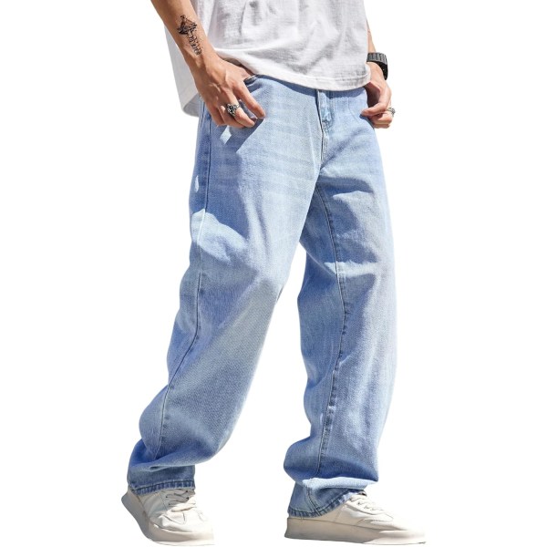 dusa Herr hög midja lösa jeans Baggy jeansbyxor med raka ben Ljusblå Stora