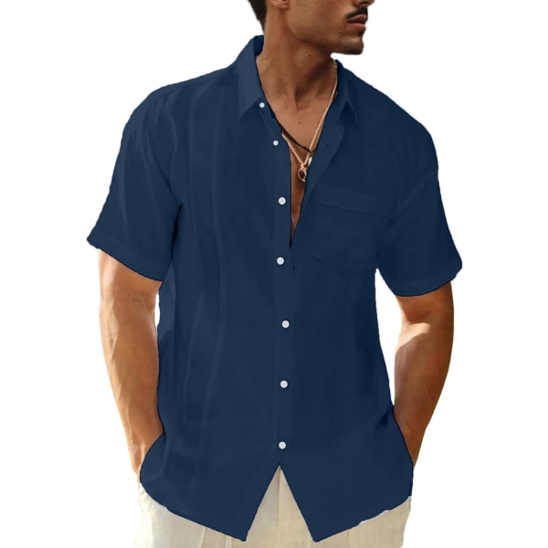 BL Linneskjorta Kortärmad Sommarskjorta Herr Casual Skjorta med Bröstficka Regular Fit Herrskjortor Havsblå Medium