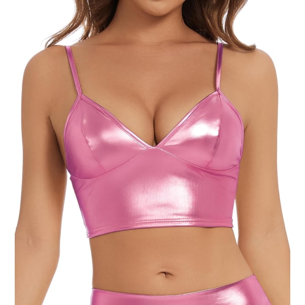 ielzana Metallic Crop Tops för kvinnor Glänsande V-ringad Tube BH för dans, raves, festivaler, kostymer Rosa XX-Large