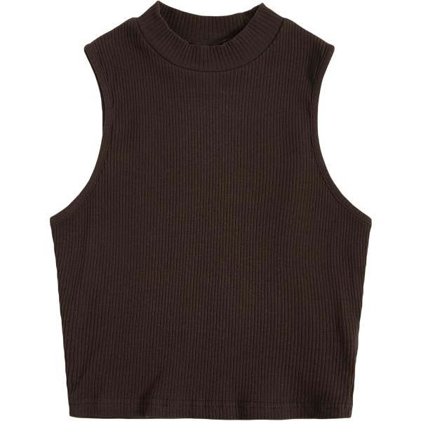 dusa Dam Basic Sleeveless Mock Neck Rib Knit Tank Crop Top Coffee Brown Medium