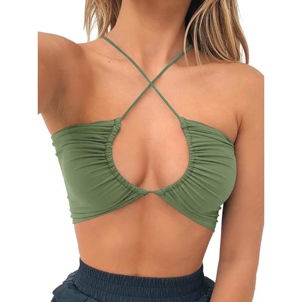 en Crop Tank Top Sexig fyrkantig V-ringning Dubbelfodrad Ruched Korsett Söt Cropped Ärmlös Cami Sommar Outfit Utekväll Top B-army Grön XX-Large