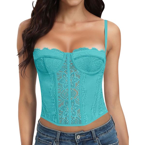 LLEY Fashion Lace Bustier Korsett Crop Tops för kvinnor med spänne - Sexig utgångstopp Ljusblå Medium