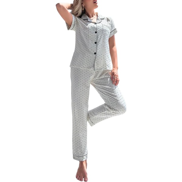 dusa Dam 2-delad tryckt pyjamas set sovkläder knapp upp skjorta med byxor vit prickig X-Large