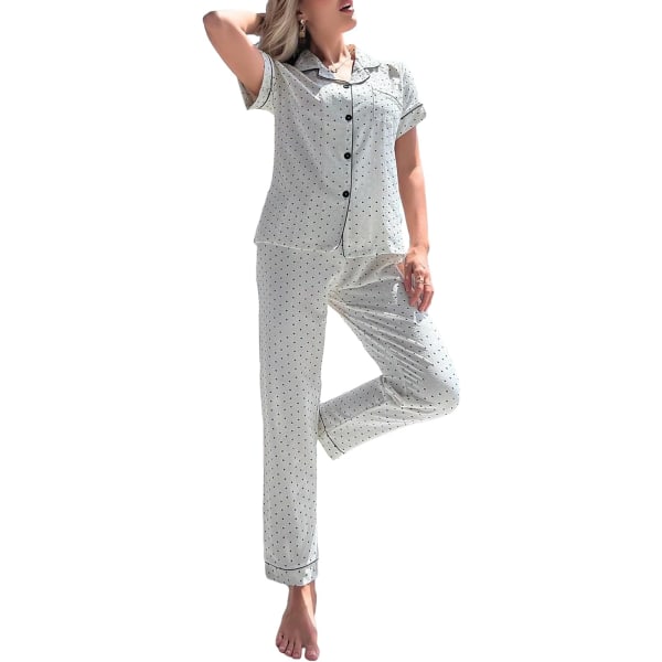 dusa dam 2- printed pyjamasset Sovkläder Knäppning skjorta med byxor Vita prickiga stora