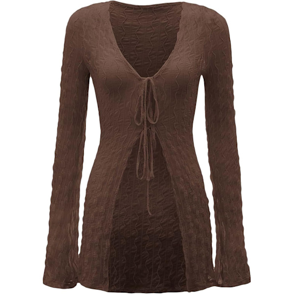 dusa Dam 90-talets Topp Klocka Långärmad Knyt Fram Texturerad Genomskinlig T-shirt Cardigan Choklad Brun Medium