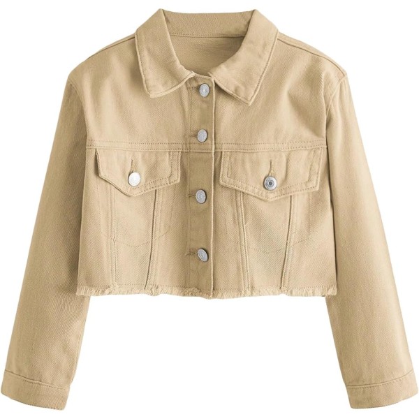 dusa Flickas råfåll långärmad enkelknäppt kort denimjacka ytterkläder Khaki 10 år
