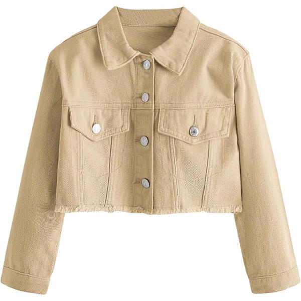 dusa Flickas råfåll långärmad enkelknäppt kort denimjacka ytterkläder Khaki 12 år