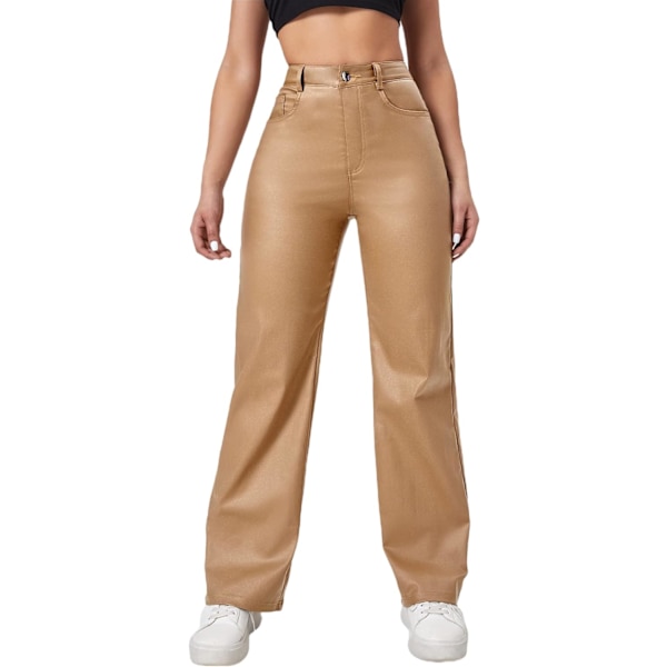 dusa Dam Läder Leggings Hög Midja Fickor Raka Vida Ben PU Byxor Khaki Medium